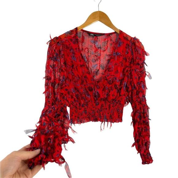 Red Floral Smocked Sheer Blouse Zara Fringing Cropped Top Long Sleeve Size XS - Picture 9 of 16